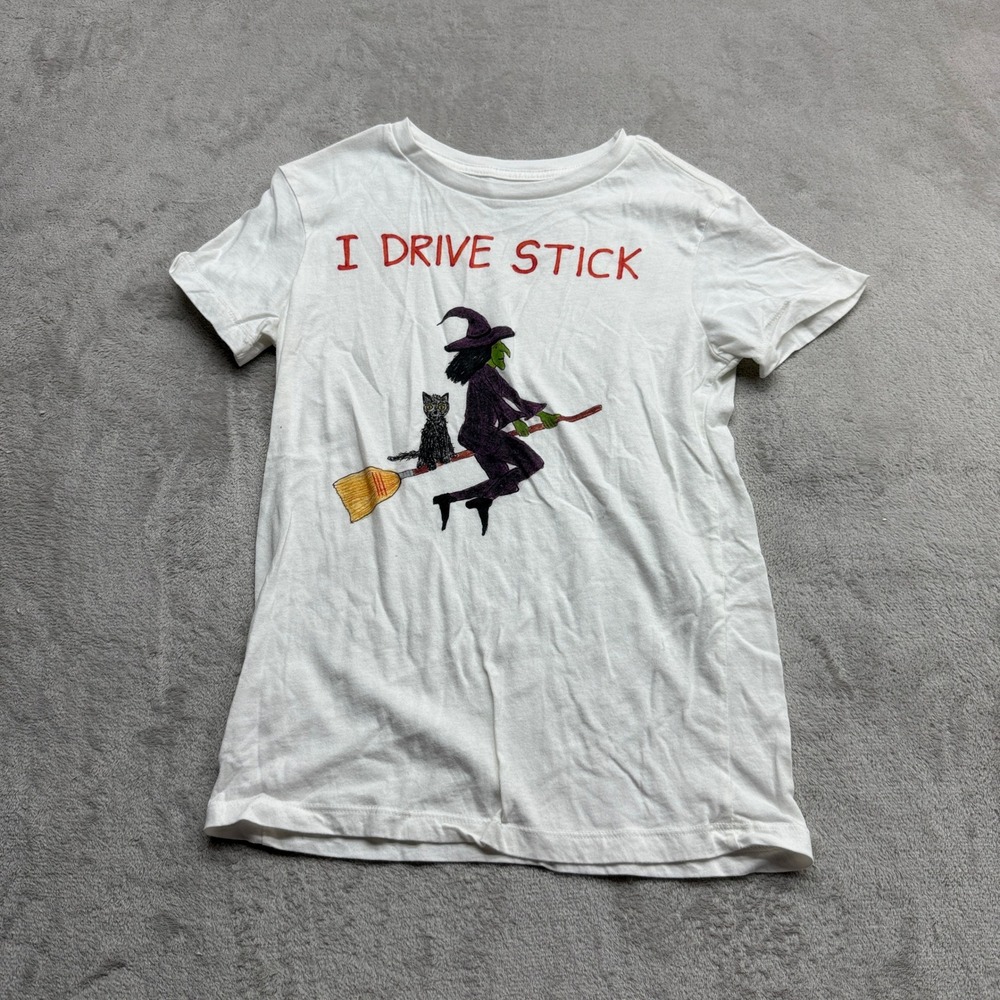 Unfortunate Portrait Graphic Tee Women XS White I Drive Stick Witch Anthropologi